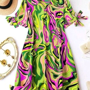 SHEIN CURVE BOLD ABSTRACT TIE SLEEVE DRESS SZ 1X